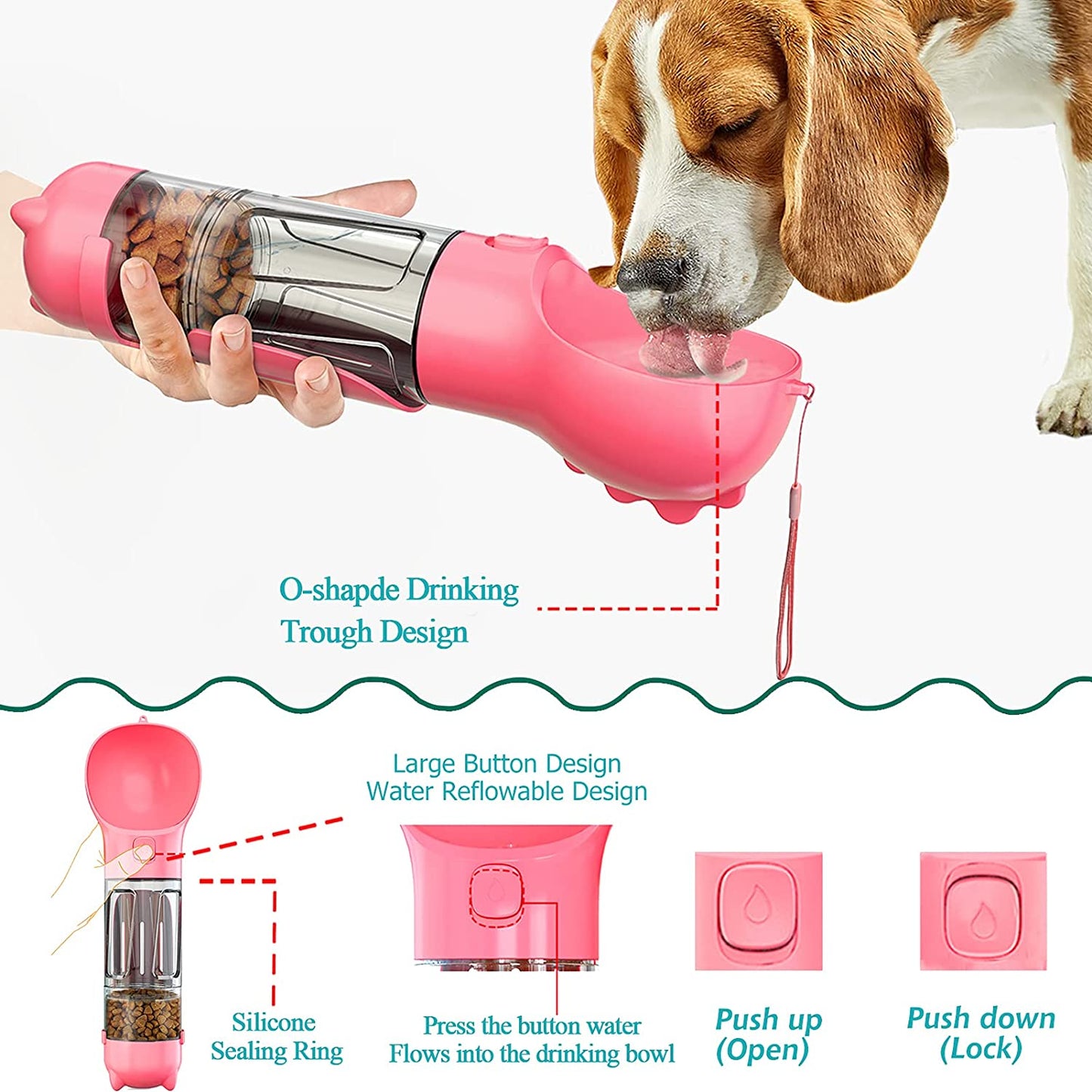 Dog Water Bottle - 10Oz Portable Dog Water Bottle Leak-Proof Dog Drinking Machine with Food Container and Garbage Bag Suitable for Pet Outdoor Dog Accessories(Pink)