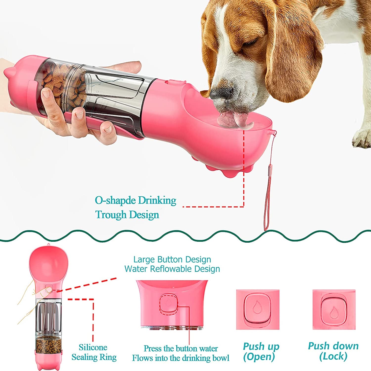 Dog Water Bottle - 10Oz Portable Dog Water Bottle Leak-Proof Dog Drinking Machine with Food Container and Garbage Bag Suitable for Pet Outdoor Dog Accessories(Pink)