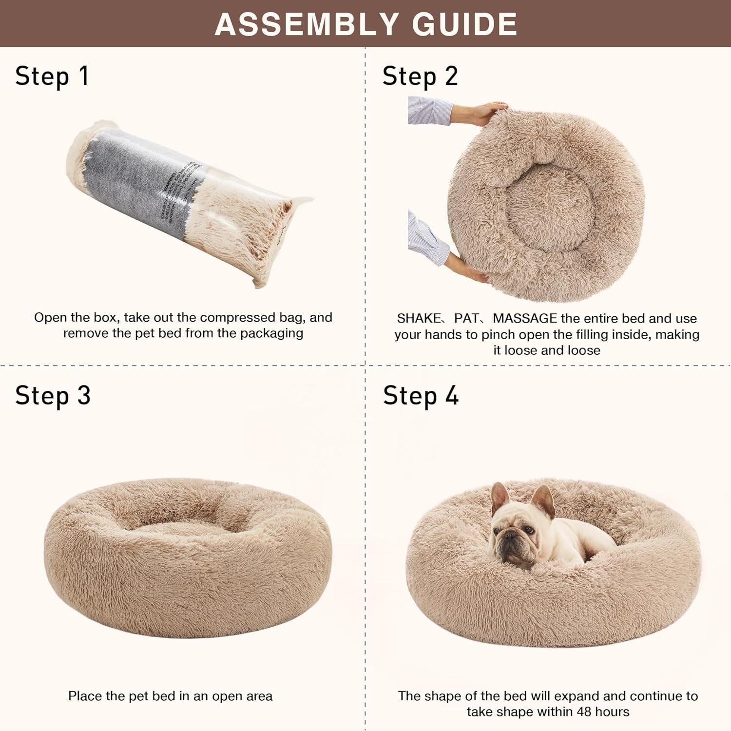 Calming Cat Bed for Indoor Cats,Anti-Anxiety Donut round Dog Bed,Fluffy Faux Fur Washable Pet Bed for Small Medium Dogs and Cats,Taupe,24In