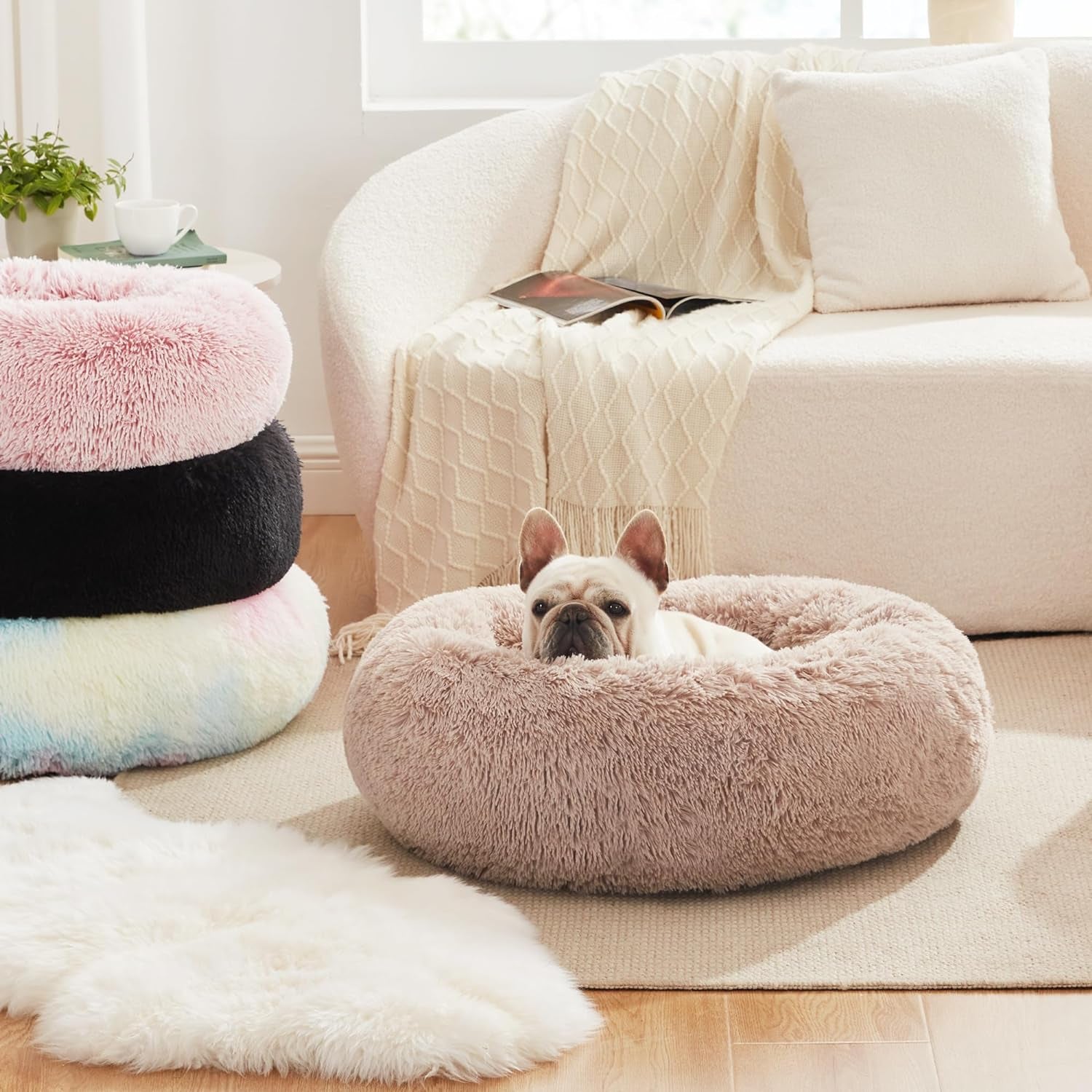 Calming Cat Bed for Indoor Cats,Anti-Anxiety Donut round Dog Bed,Fluffy Faux Fur Washable Pet Bed for Small Medium Dogs and Cats,Grey,24In