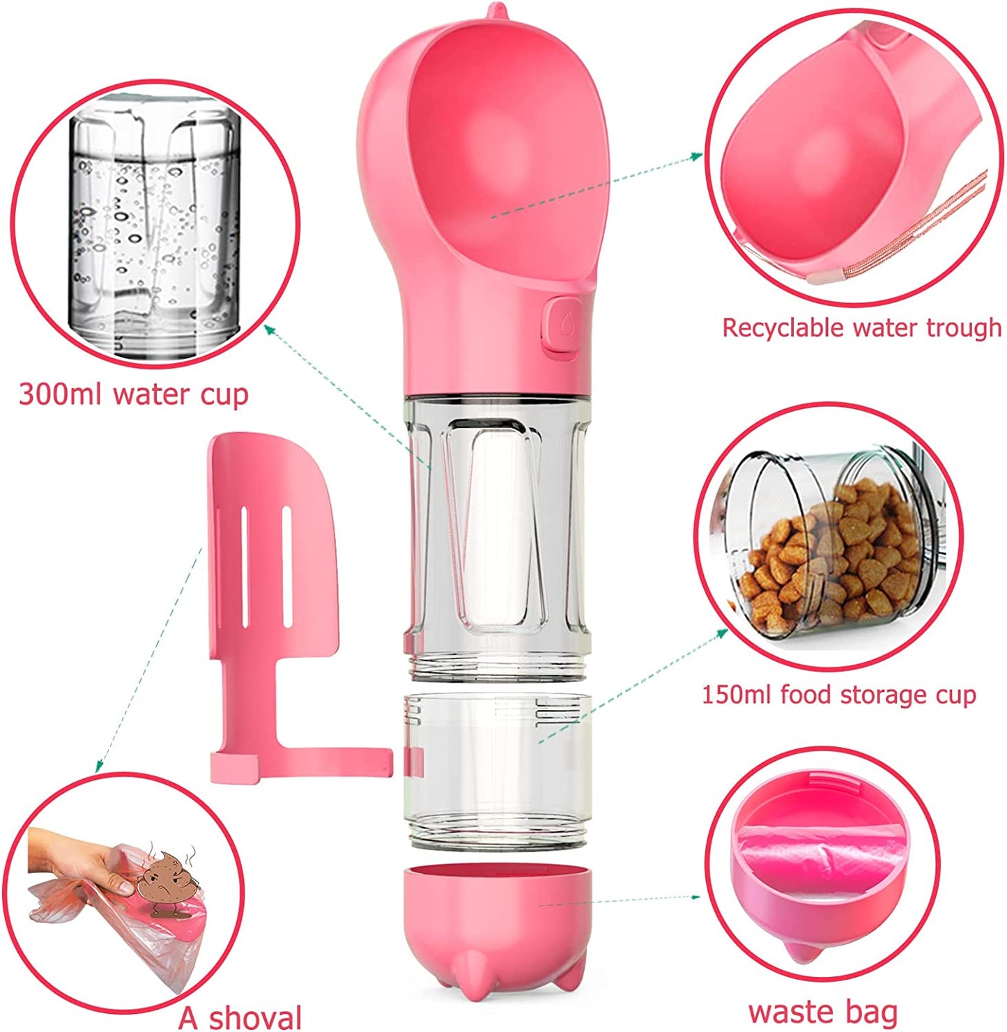 Dog Water Bottle - 10Oz Portable Dog Water Bottle Leak-Proof Dog Drinking Machine with Food Container and Garbage Bag Suitable for Pet Outdoor Dog Accessories(Pink)