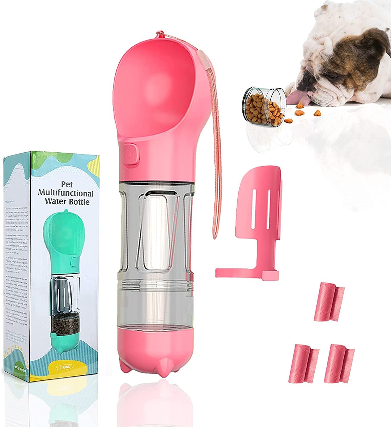 Dog Water Bottle - 10Oz Portable Dog Water Bottle Leak-Proof Dog Drinking Machine with Food Container and Garbage Bag Suitable for Pet Outdoor Dog Accessories(Pink)