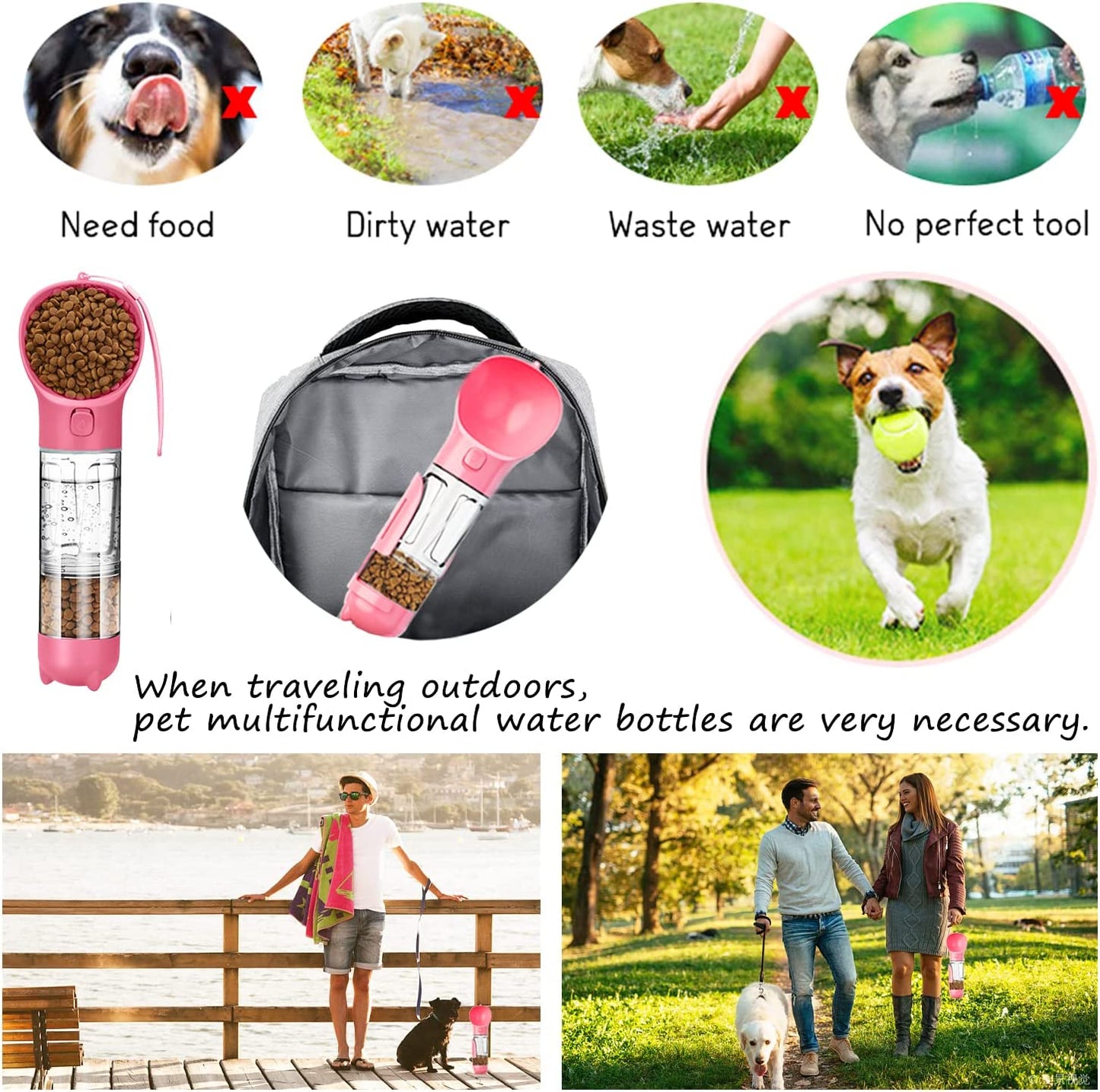 Dog Water Bottle - 10Oz Portable Dog Water Bottle Leak-Proof Dog Drinking Machine with Food Container and Garbage Bag Suitable for Pet Outdoor Dog Accessories(Pink)