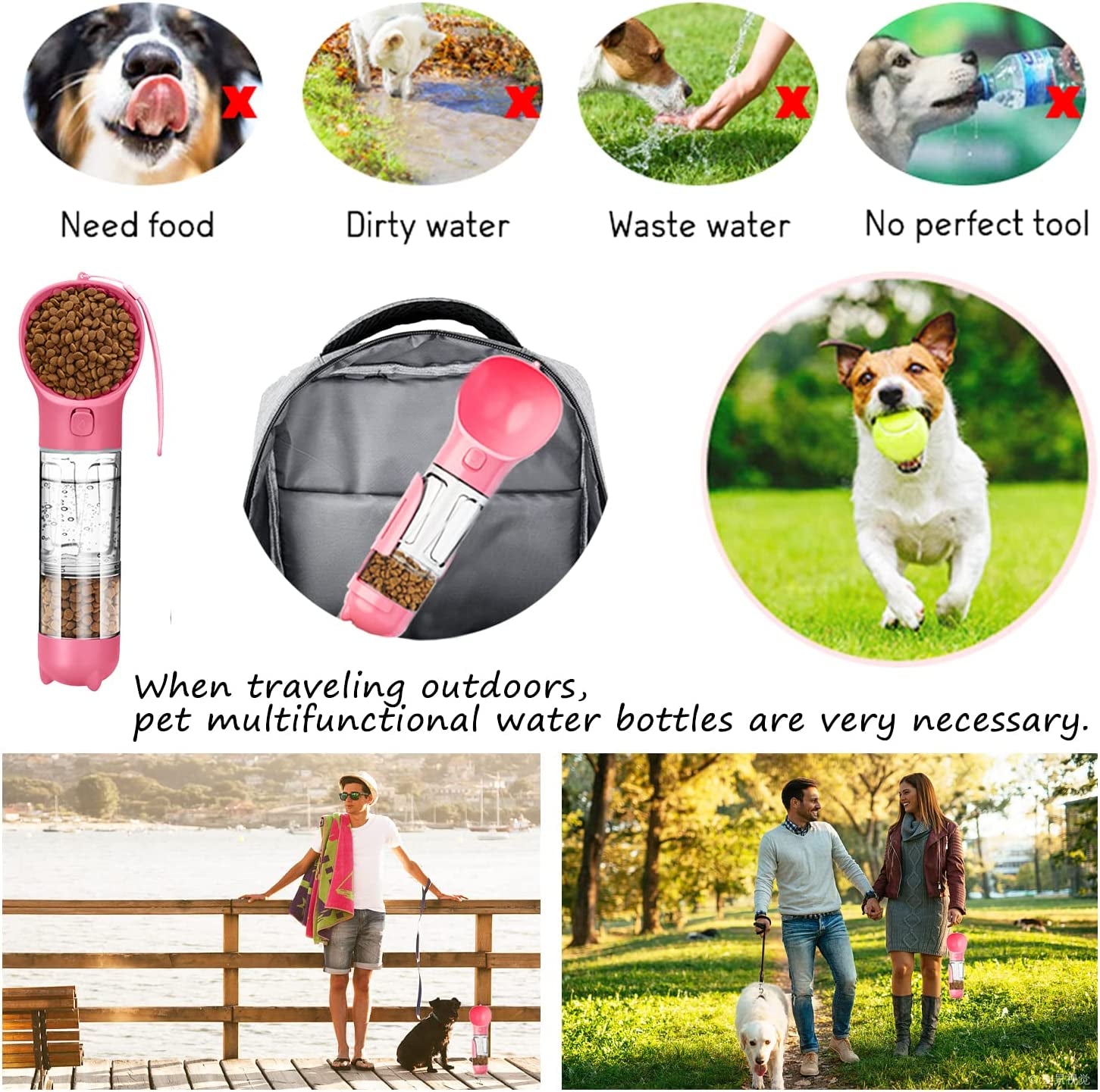 Dog Water Bottle - 10Oz Portable Dog Water Bottle Leak-Proof Dog Drinking Machine with Food Container and Garbage Bag Suitable for Pet Outdoor Dog Accessories(Pink)