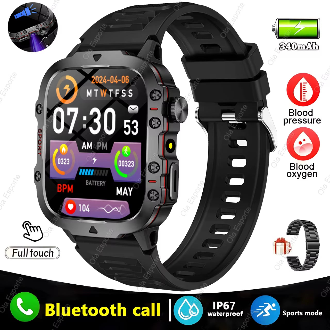 Original Men Smartwatch Flashlight Bluetooth Call Fitness Clock IP68 Waterproof Sports Men for Xiaomi Android Smart Watch 2024