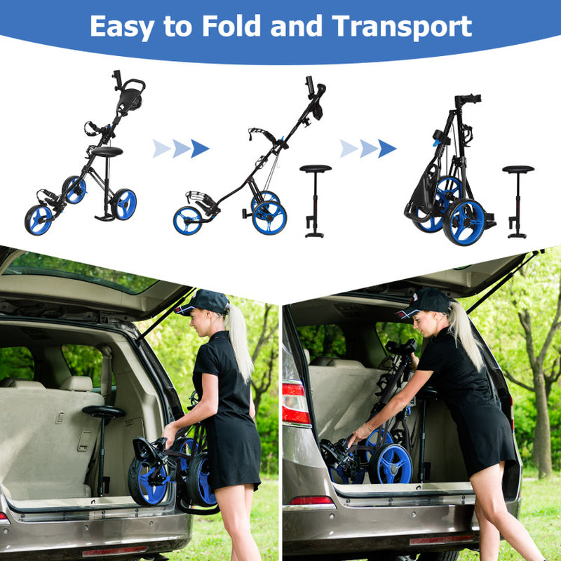 3 Wheel Folding Push Pull Golf Trolley with Scoreboard Bag