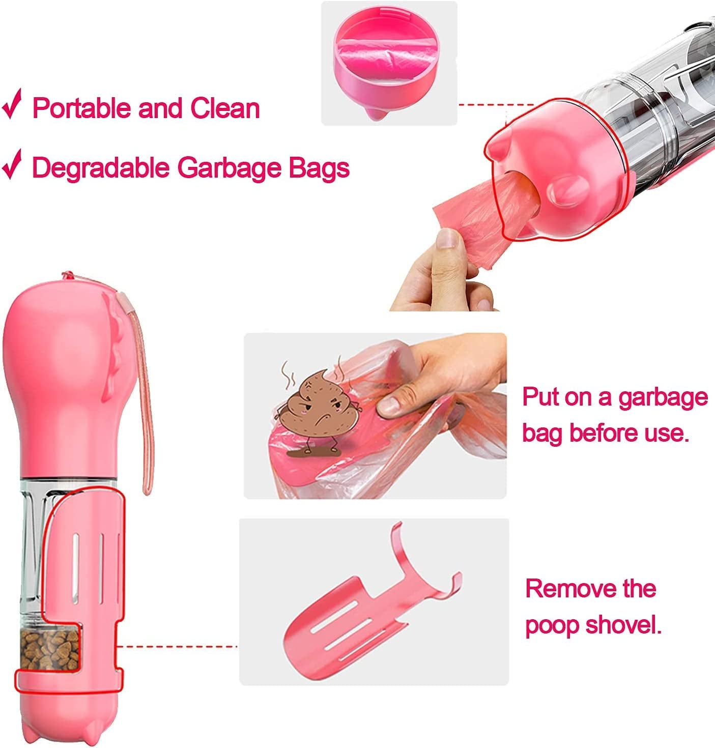 Dog Water Bottle - 10Oz Portable Dog Water Bottle Leak-Proof Dog Drinking Machine with Food Container and Garbage Bag Suitable for Pet Outdoor Dog Accessories(Pink)