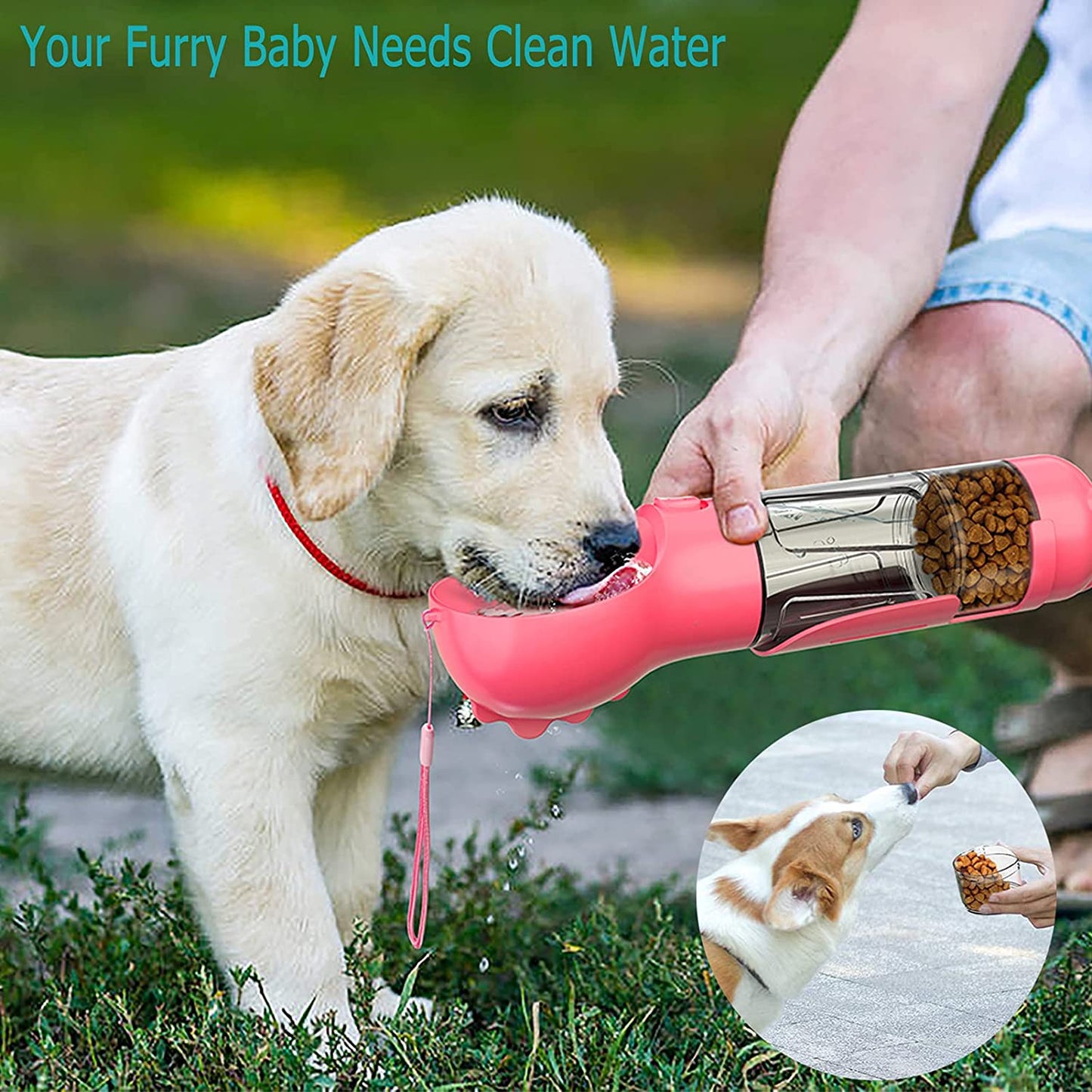Dog Water Bottle - 10Oz Portable Dog Water Bottle Leak-Proof Dog Drinking Machine with Food Container and Garbage Bag Suitable for Pet Outdoor Dog Accessories(Pink)