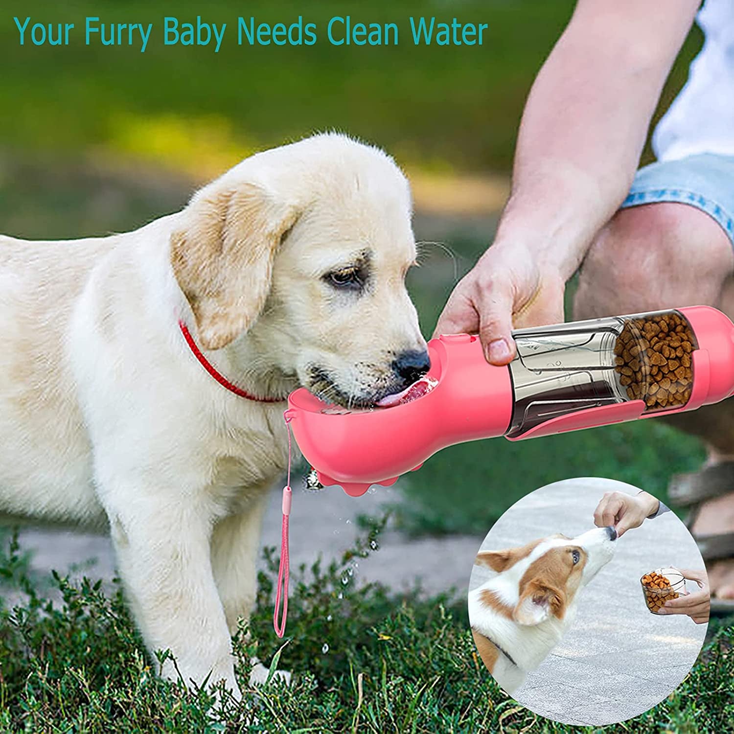 Dog Water Bottle - 10Oz Portable Dog Water Bottle Leak-Proof Dog Drinking Machine with Food Container and Garbage Bag Suitable for Pet Outdoor Dog Accessories(Pink)