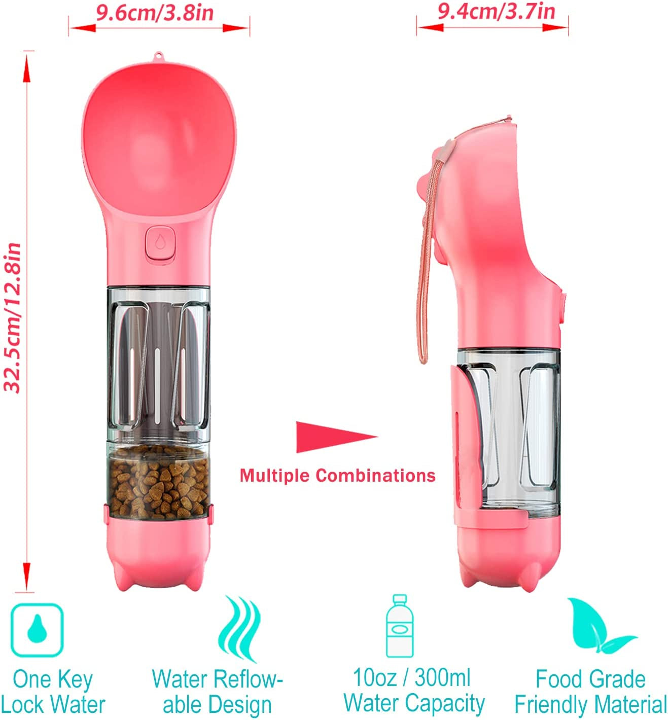 Dog Water Bottle - 10Oz Portable Dog Water Bottle Leak-Proof Dog Drinking Machine with Food Container and Garbage Bag Suitable for Pet Outdoor Dog Accessories(Pink)