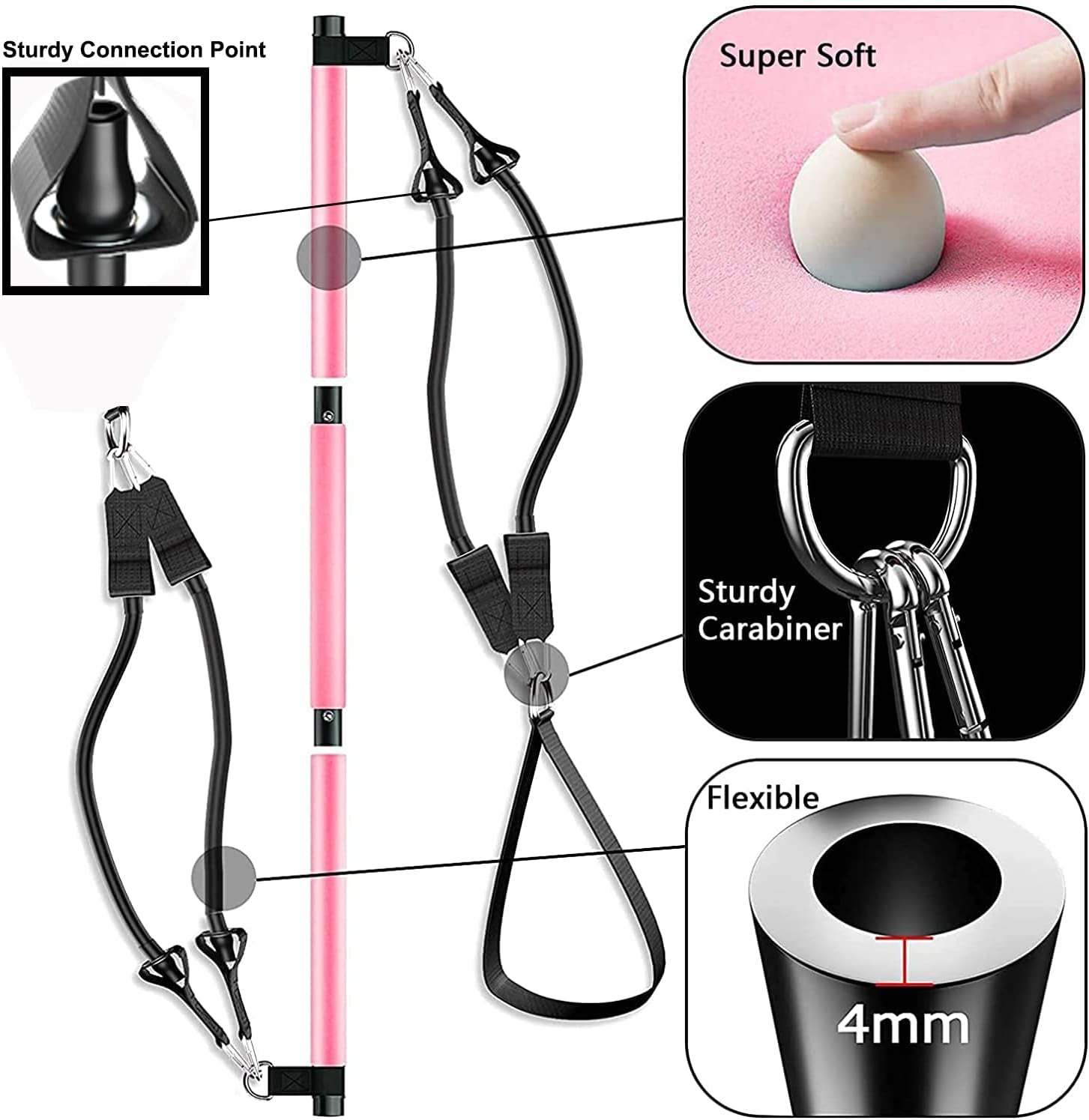 Pilates Bar Kit with 4 Strong Resistance Bands, Upgraded 3-Section Yoga Strengthened Adjustable Resistance Band Bar with Foot Straps, Exercise Fitness Workout Equipment for Leg Butt Full Body Shaping