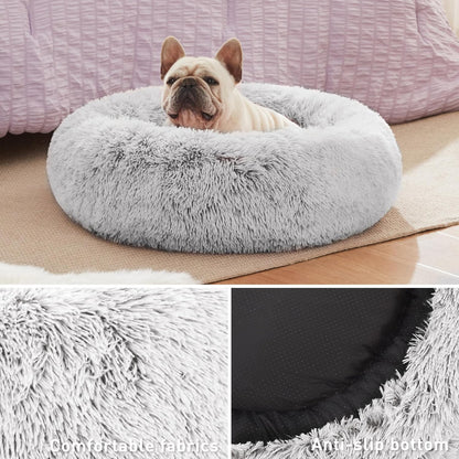 Calming Cat Bed for Indoor Cats,Anti-Anxiety Donut round Dog Bed,Fluffy Faux Fur Washable Pet Bed for Small Medium Dogs and Cats,Grey,24In