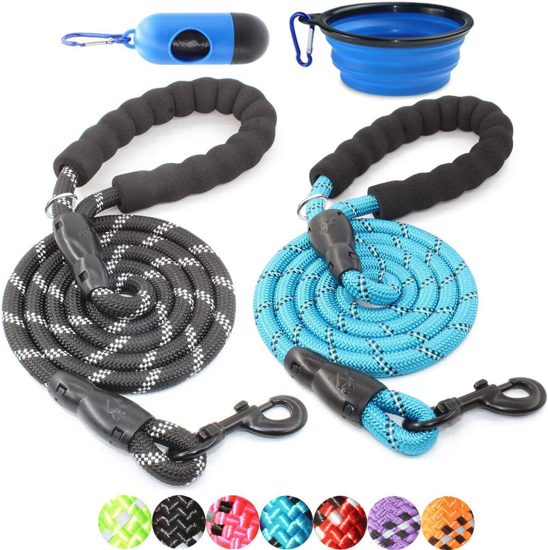 2 Packs 5/6 FT Dog Leash with Comfortable Padded Handle and Highly Reflective Threads Dog Leashes for Small Medium and Large Dogs (5FT-1/2'', Black+Blue)