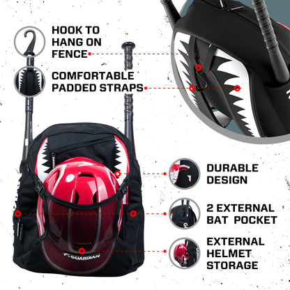 Backpack for Youth, Softball Bag for Girls, Durable Bat Bags Baseball Youth Boys and Girls, Tball Bag – Includes Hook to Hang on Fence - Black Shark
