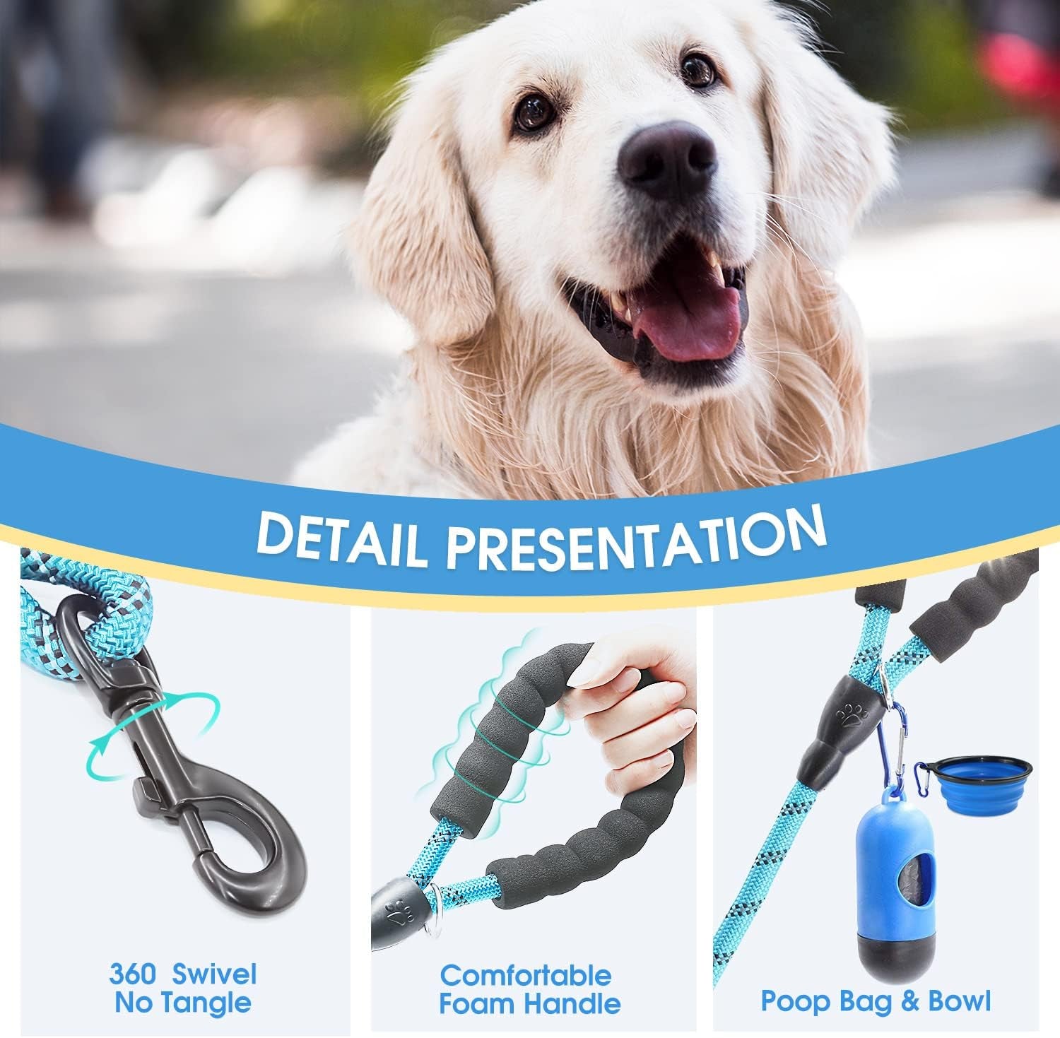 2 Packs 5/6 FT Dog Leash with Comfortable Padded Handle and Highly Reflective Threads Dog Leashes for Small Medium and Large Dogs (5FT-1/2'', Black+Blue)