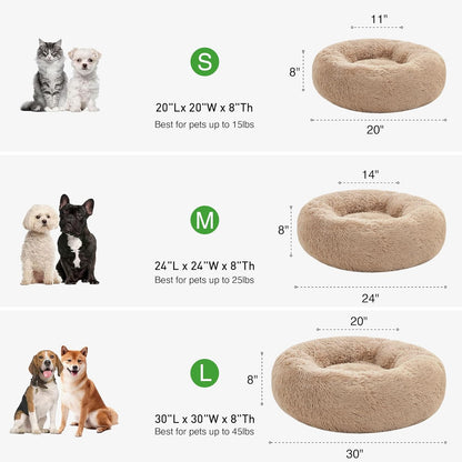 Calming Cat Bed for Indoor Cats,Anti-Anxiety Donut round Dog Bed,Fluffy Faux Fur Washable Pet Bed for Small Medium Dogs and Cats,Taupe,24In