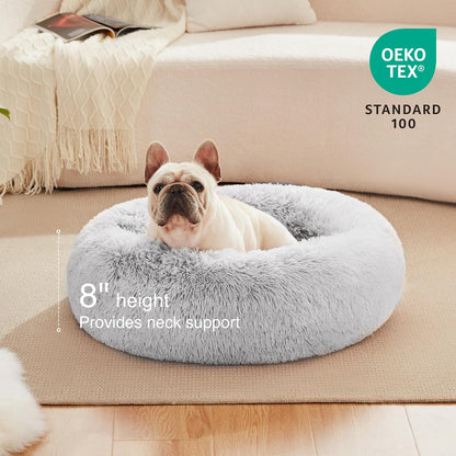 Calming Cat Bed for Indoor Cats,Anti-Anxiety Donut round Dog Bed,Fluffy Faux Fur Washable Pet Bed for Small Medium Dogs and Cats,Grey,24In