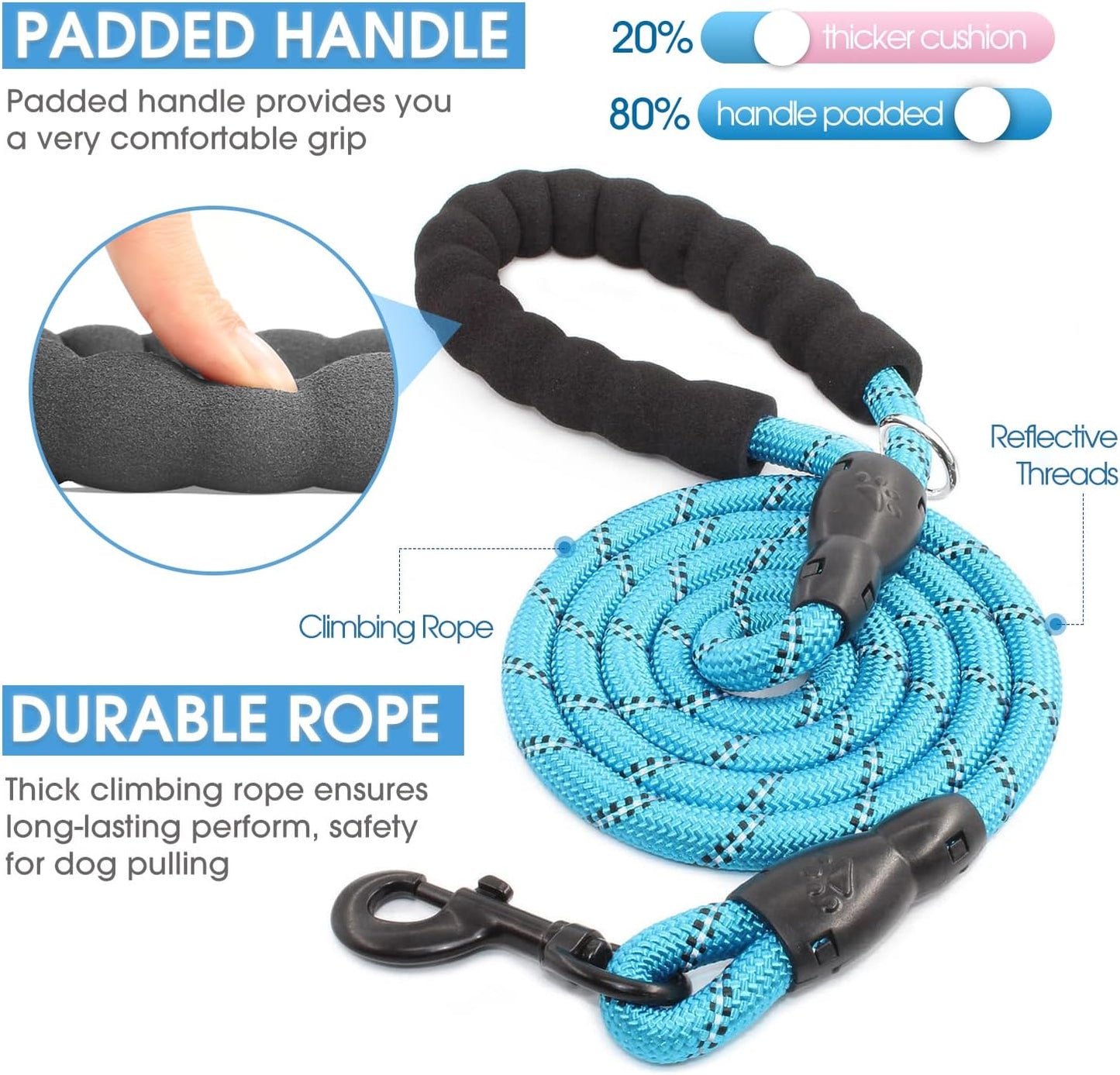 2 Packs 5/6 FT Dog Leash with Comfortable Padded Handle and Highly Reflective Threads Dog Leashes for Small Medium and Large Dogs (5FT-1/2'', Black+Blue)