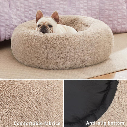 Calming Cat Bed for Indoor Cats,Anti-Anxiety Donut round Dog Bed,Fluffy Faux Fur Washable Pet Bed for Small Medium Dogs and Cats,Taupe,24In