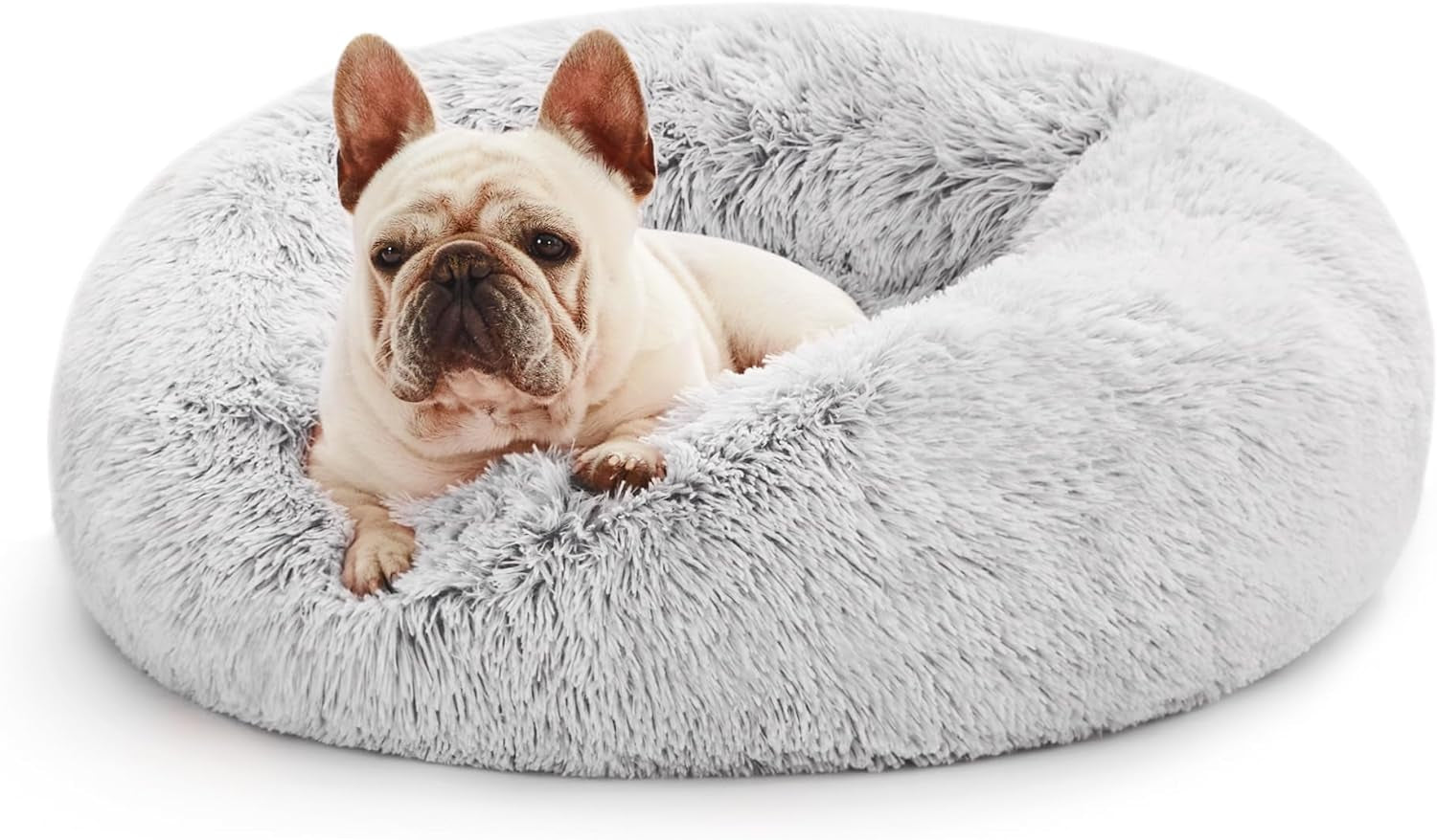 Calming Cat Bed for Indoor Cats,Anti-Anxiety Donut round Dog Bed,Fluffy Faux Fur Washable Pet Bed for Small Medium Dogs and Cats,Grey,24In